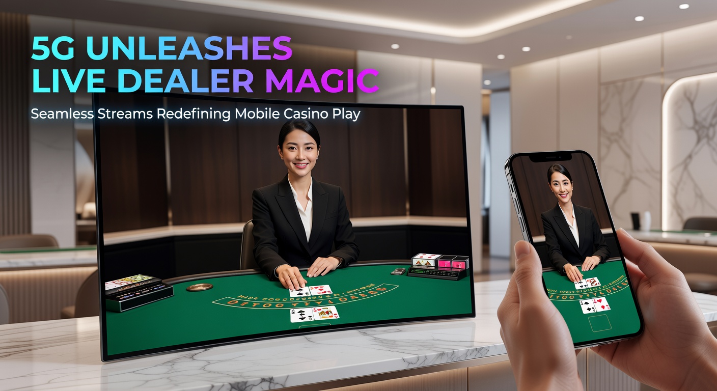 Mobile phone displaying a live dealer poker game with ultra-low latency interaction, 5G signal strong, dealer engaging players in real time