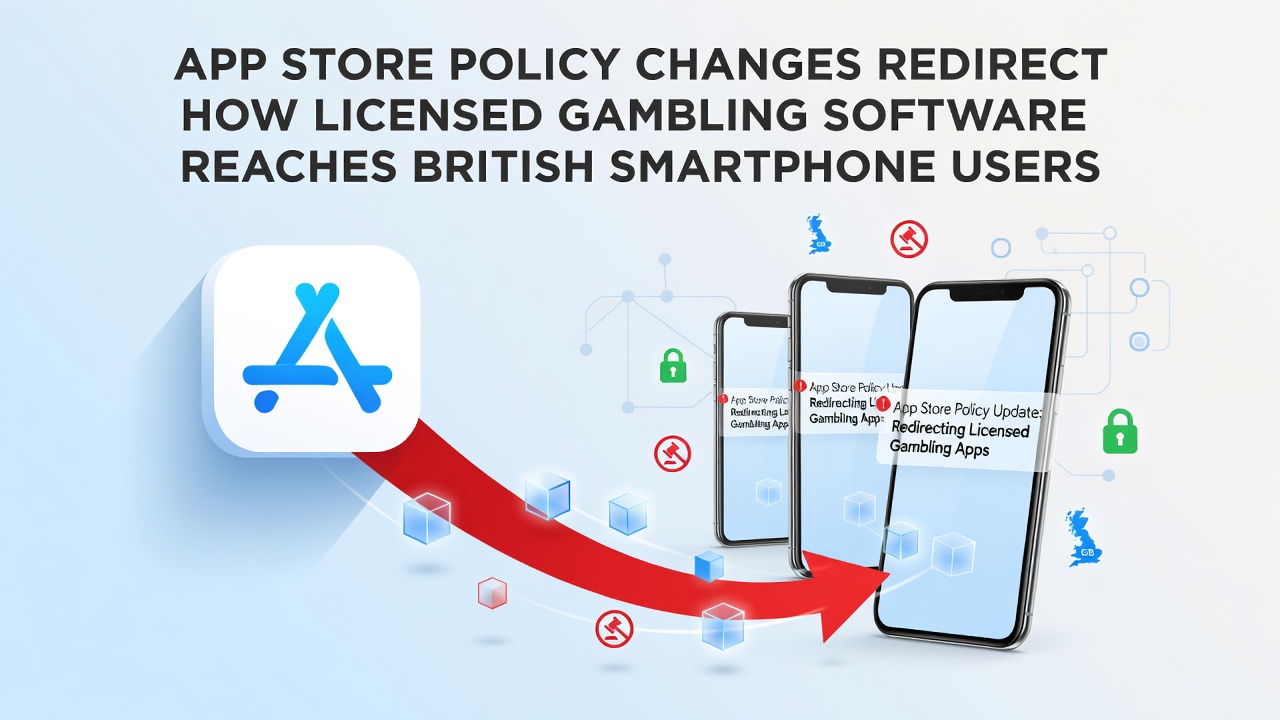 Smartphone displaying app store interface with gambling software icons highlighted against a UK map background