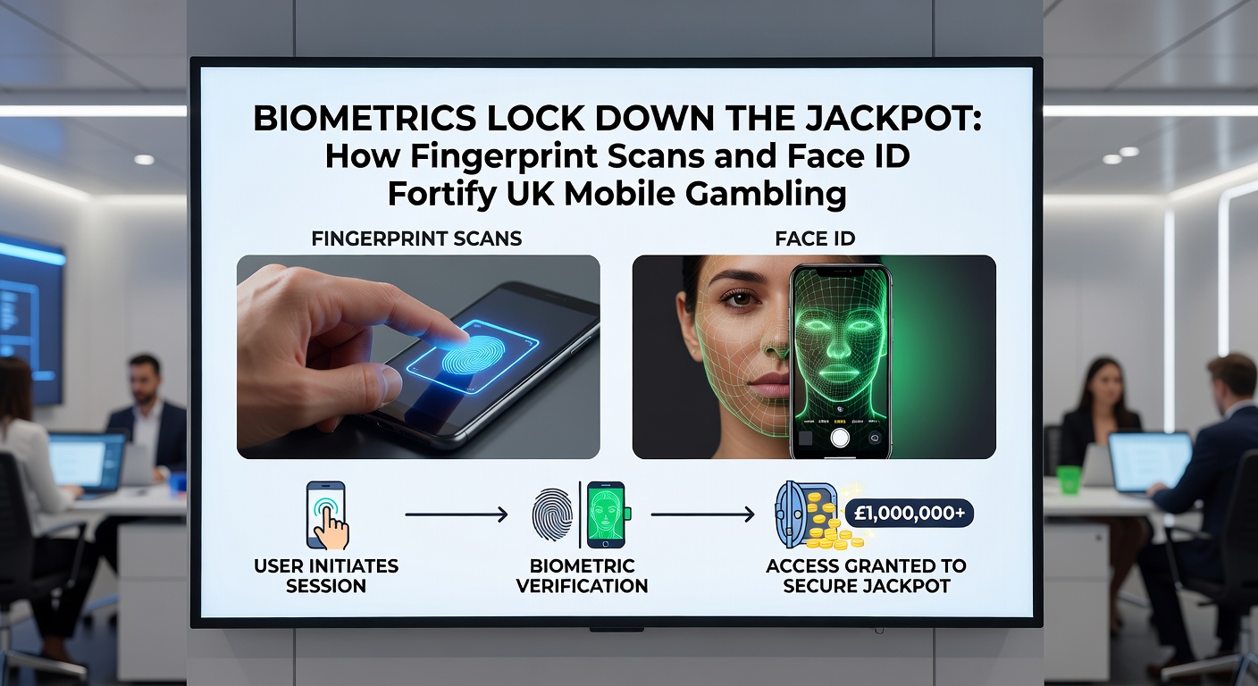 Illustration of a diverse group of mobile gamblers using Face ID on their phones to access secure casino apps, with digital locks and jackpot symbols overlayed for emphasis