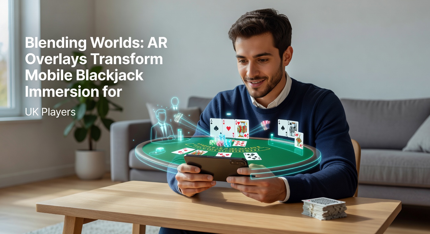 A mobile phone screen displaying an augmented reality blackjack table overlaid on a real-world living room setup, with virtual cards and chips blending seamlessly into the physical environment