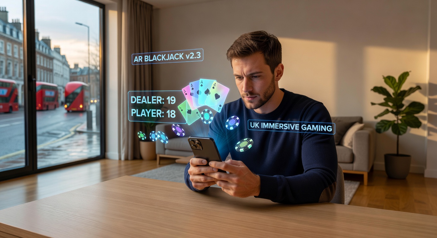 Close-up of a hand interacting with AR blackjack cards on a smartphone, showing virtual chips stacking and a dealer hologram dealing in a blended real-virtual casino environment
