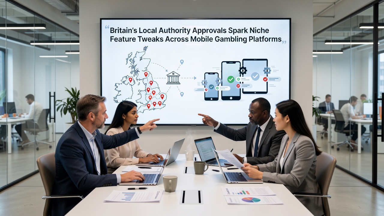 Mobile gambling app interfaces displaying region-specific compliance features prompted by council approvals