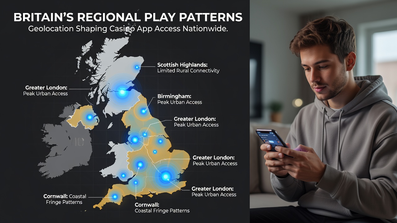 Map illustrating geolocation influences on casino app availability across different British regions