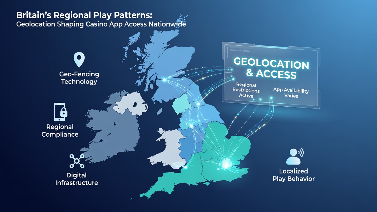 Illustration of users engaging with casino apps in varied British locations influenced by geolocation