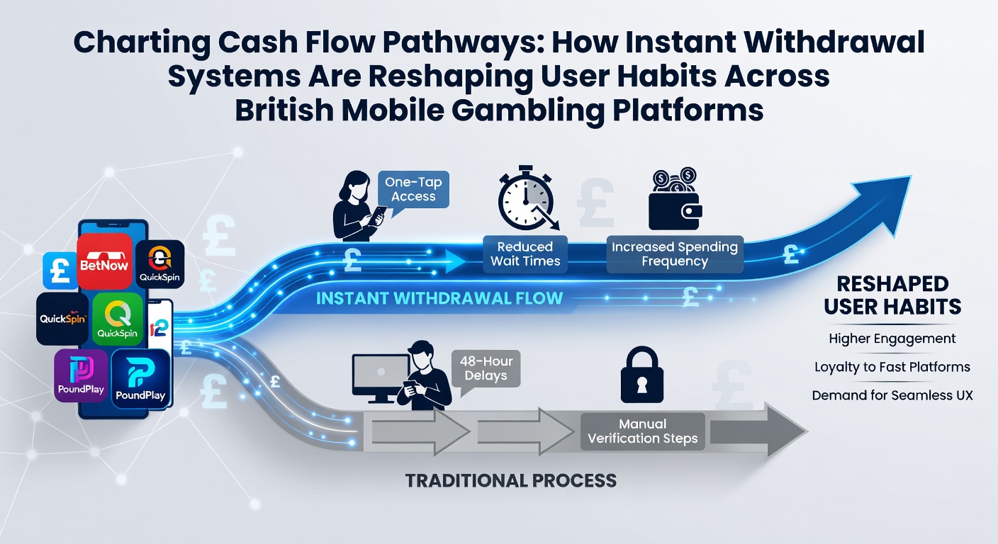 Mobile screen displaying instant withdrawal confirmation in a British gambling app with cash flow graphics