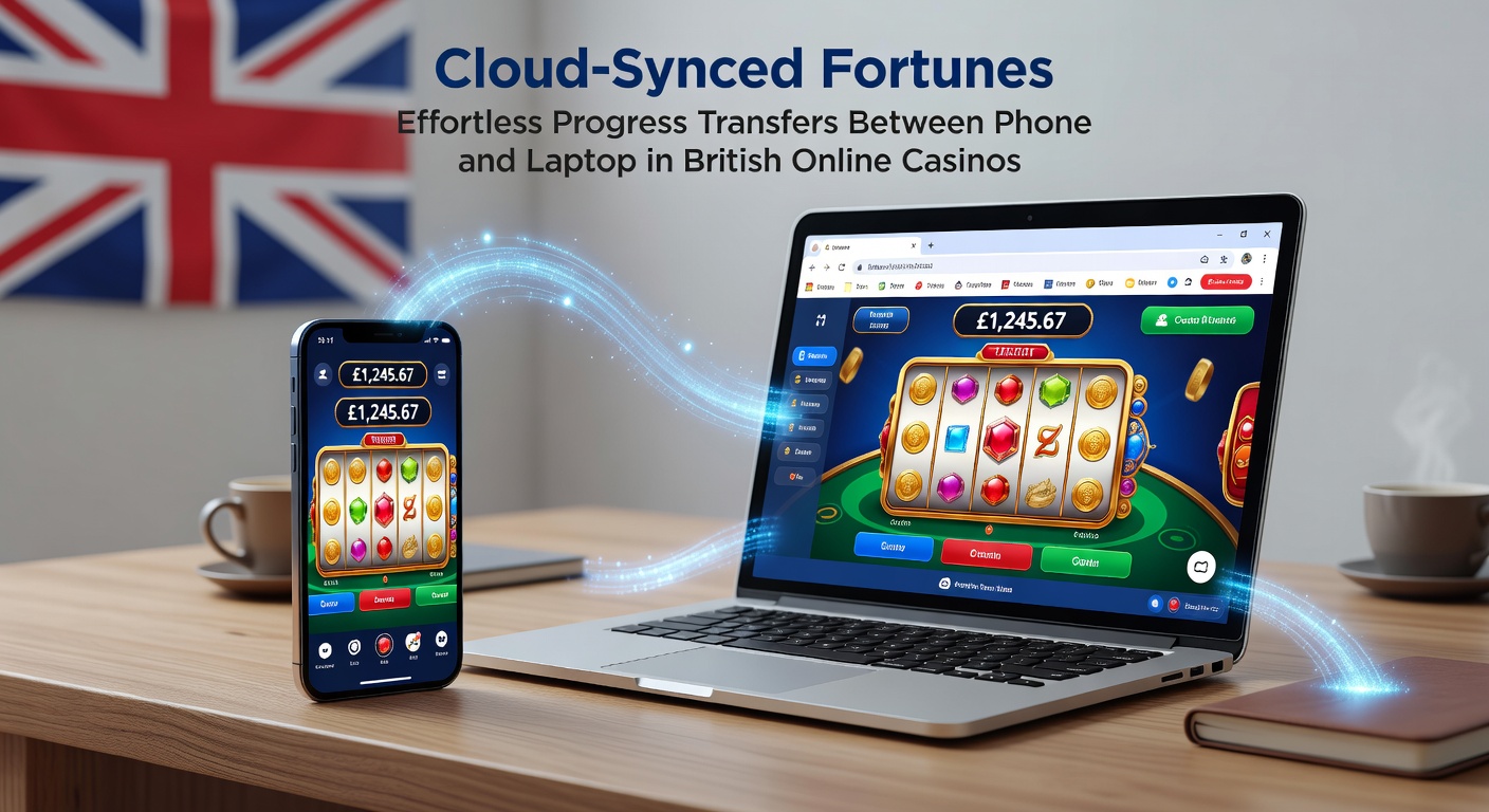 Digital illustration showing a smartphone and laptop connected via cloud icons, with casino game elements like slots and cards syncing seamlessly between devices