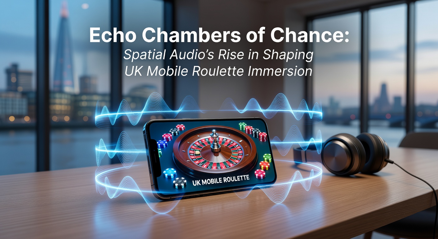 A mobile phone screen displaying a roulette wheel with immersive spatial audio effects visualized through sound waves enveloping the device