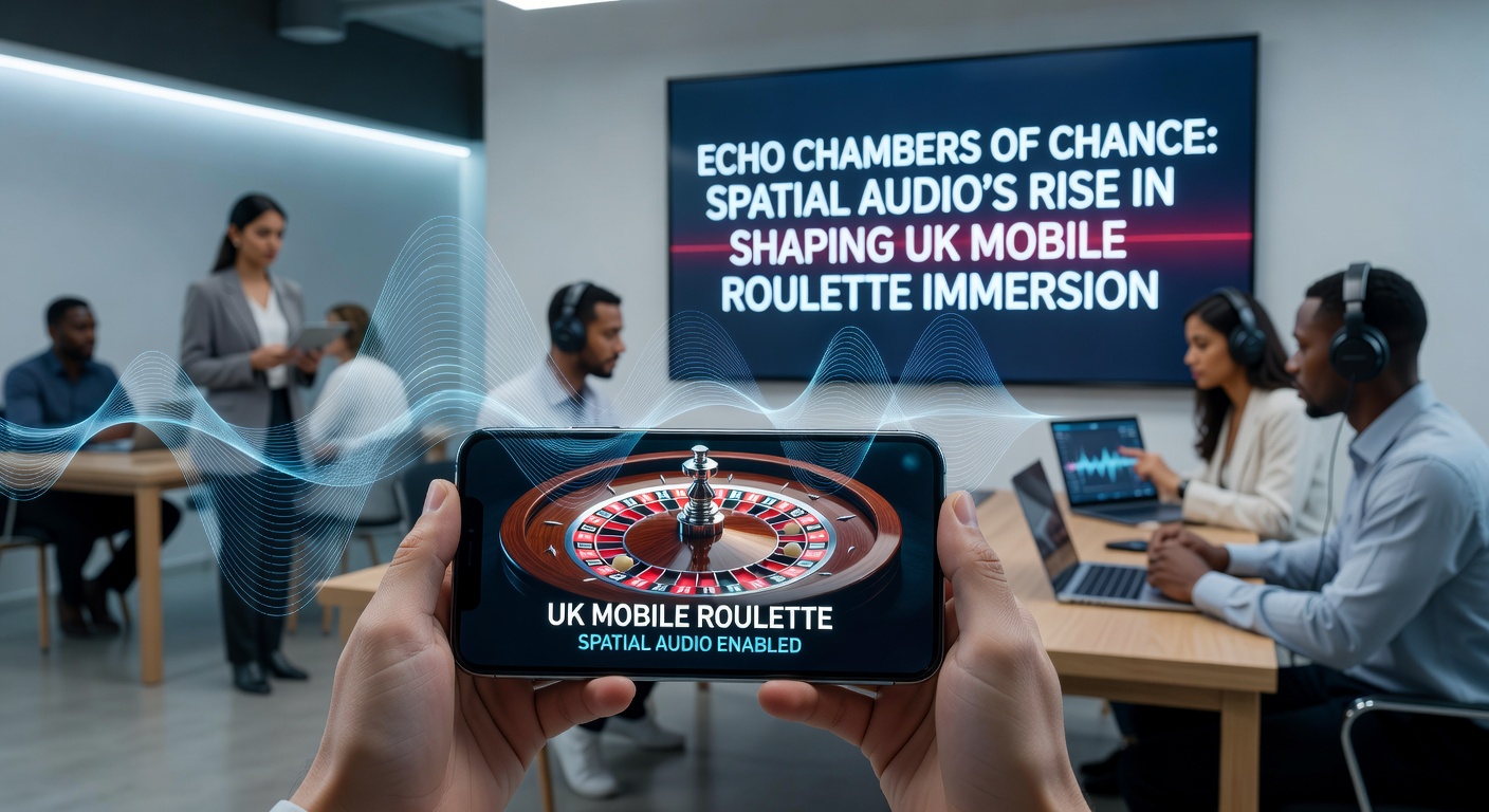 Close-up of wireless earbuds connected to a roulette app, with visualized 3D sound fields surrounding a player's head in a casino setting