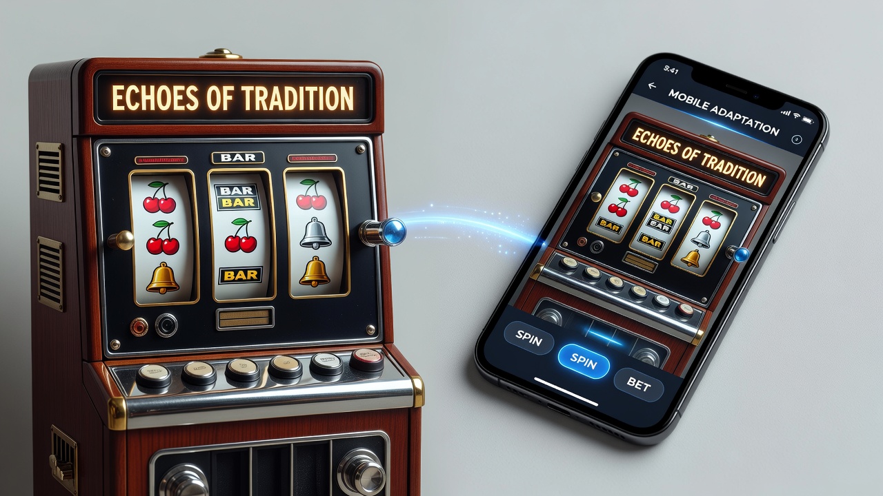 Classic pub fruit machine with reels and symbols adapted onto a modern smartphone display showing touch controls