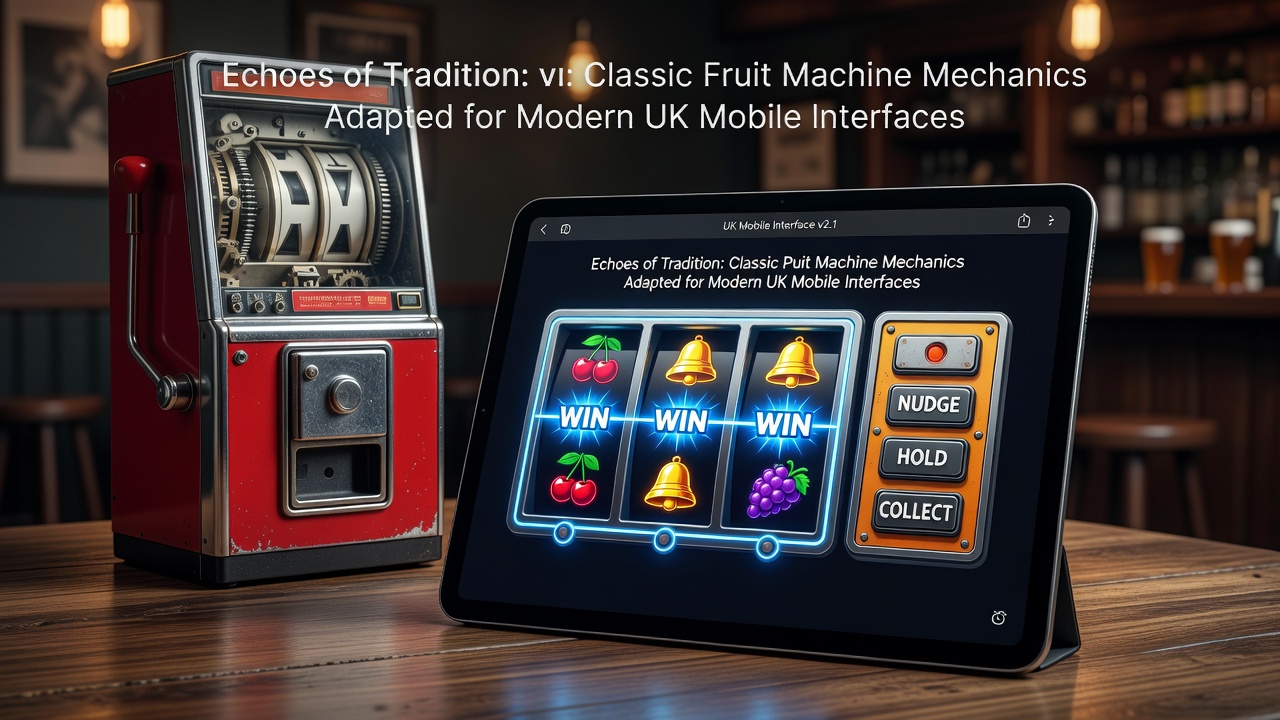 Close-up of mobile screen displaying fruit symbols, nudge buttons, and gamble ladder adapted from classic pub machines