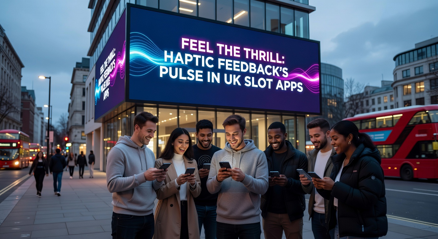 Close-up of a hand holding a mobile device with glowing slot reels and visualized haptic waves pulsing outward, capturing the tactile thrill of a jackpot hit in a UK casino app