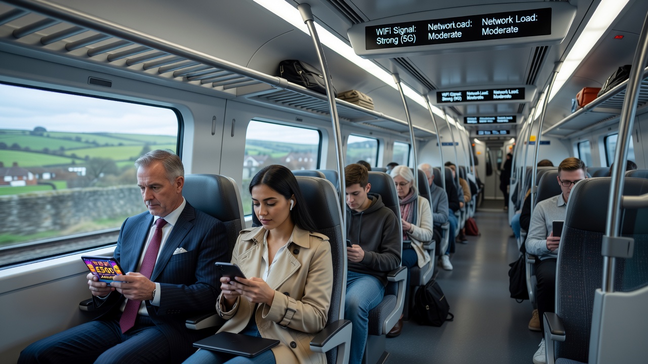 British commuters using mobile devices on a train with visible WiFi connectivity indicators
