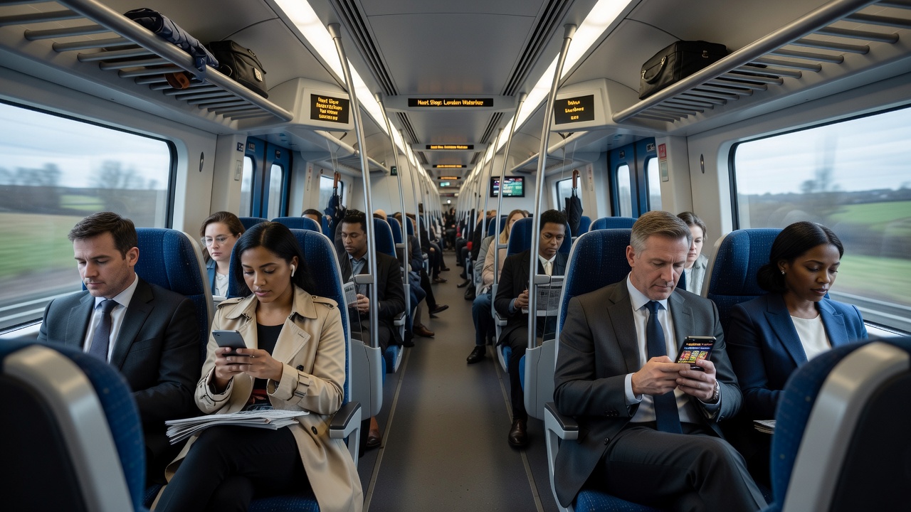Train interior showing passengers engaged with smartphones during a commute