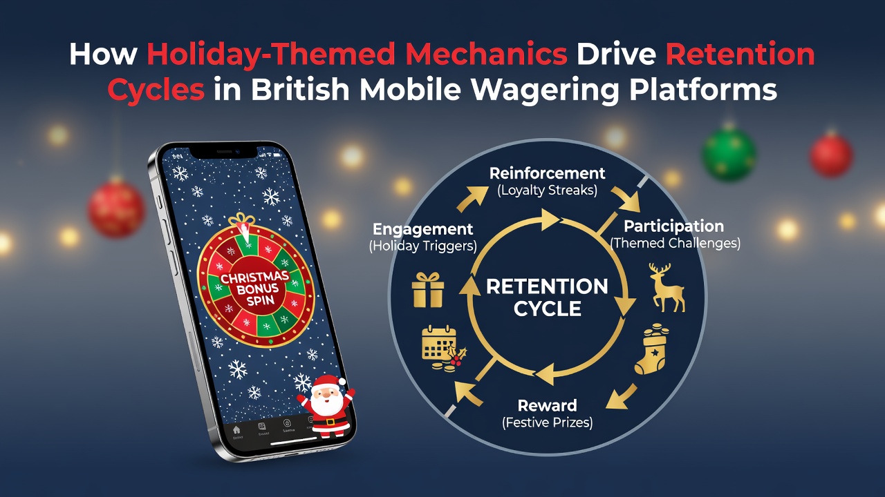 Mobile wagering interface displaying holiday-themed slot promotions and seasonal rewards on a smartphone screen