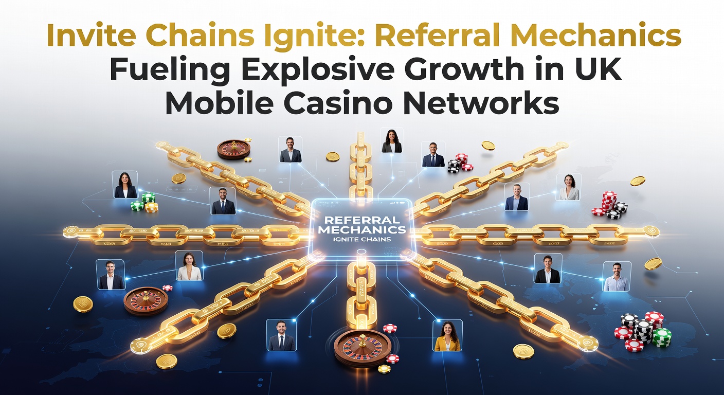 Illustration of interconnected mobile devices forming a chain of invitations in a vibrant casino app interface, symbolizing rapid user growth through referrals
