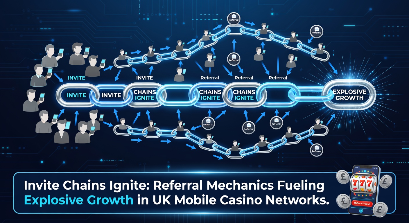 Graph depicting exponential user growth curves from referral chains in UK mobile casino apps, with overlaid icons of sharing links and reward badges
