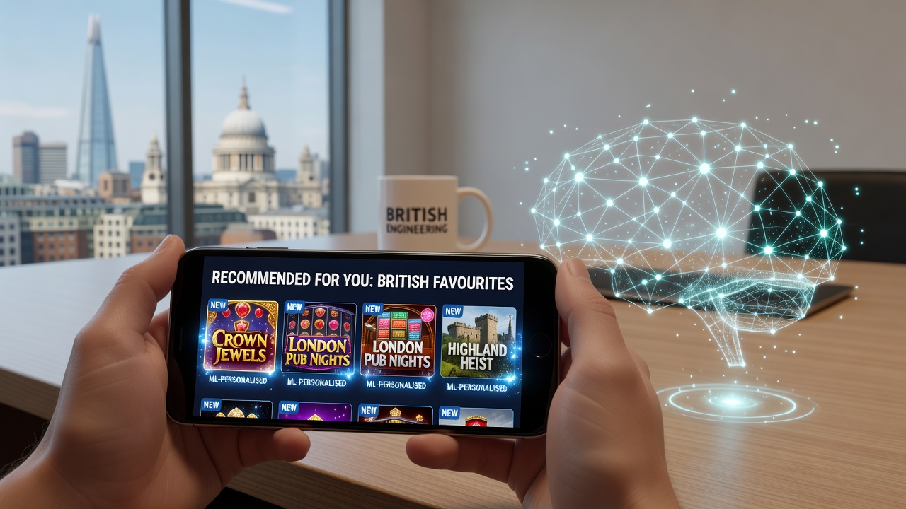 Machine learning interface displaying personalized slot recommendations on a British mobile casino app