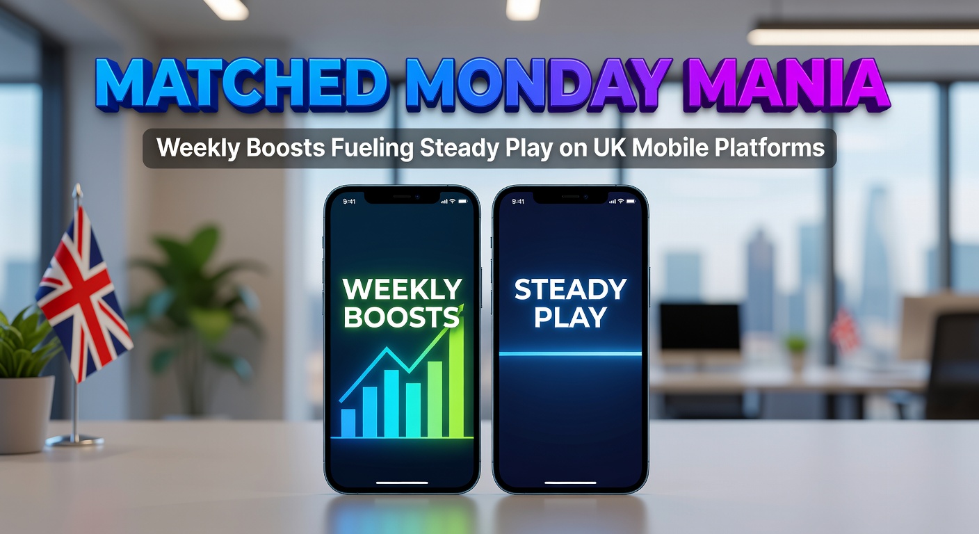 Vibrant mobile screen showing a Monday deposit match promotion with colorful bonuses and slot reels spinning in the background