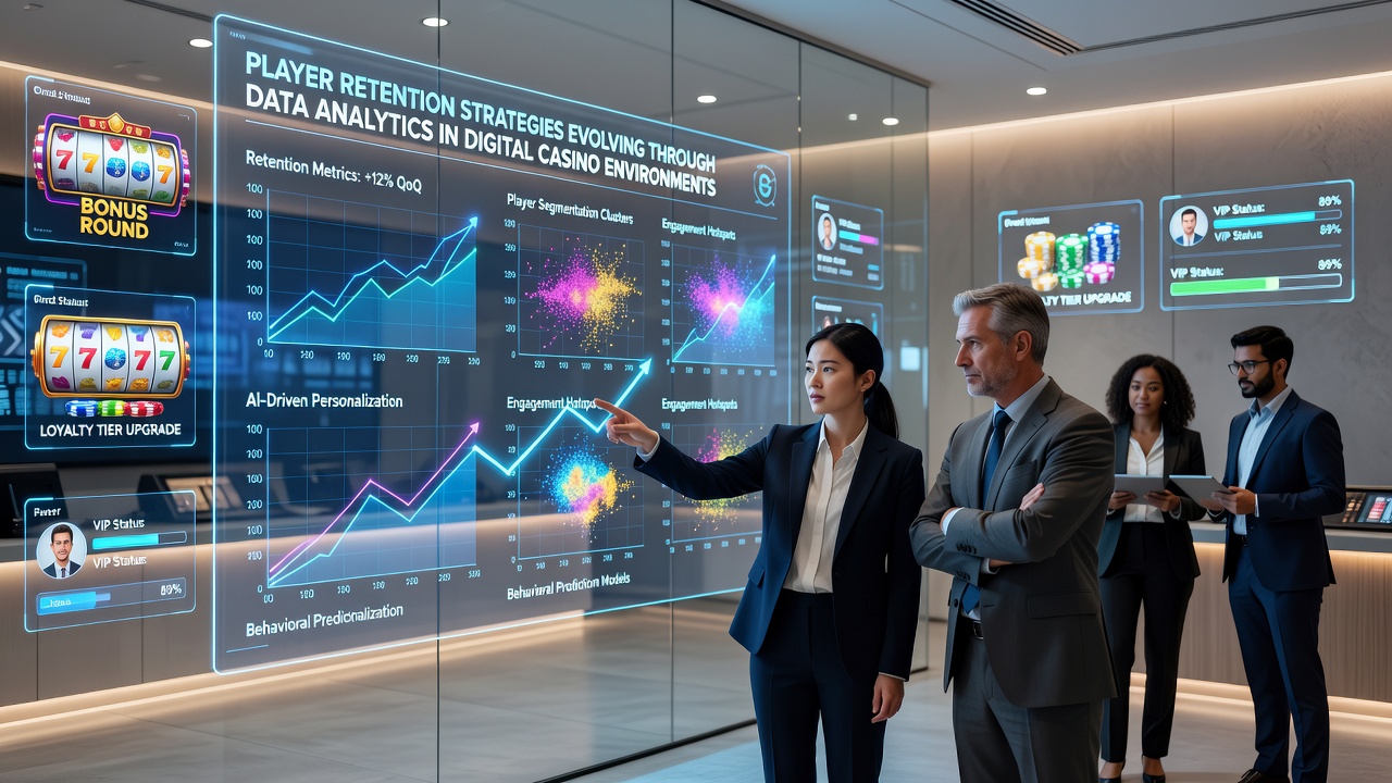 Team of analysts reviewing retention metrics on multiple screens in a casino operations center