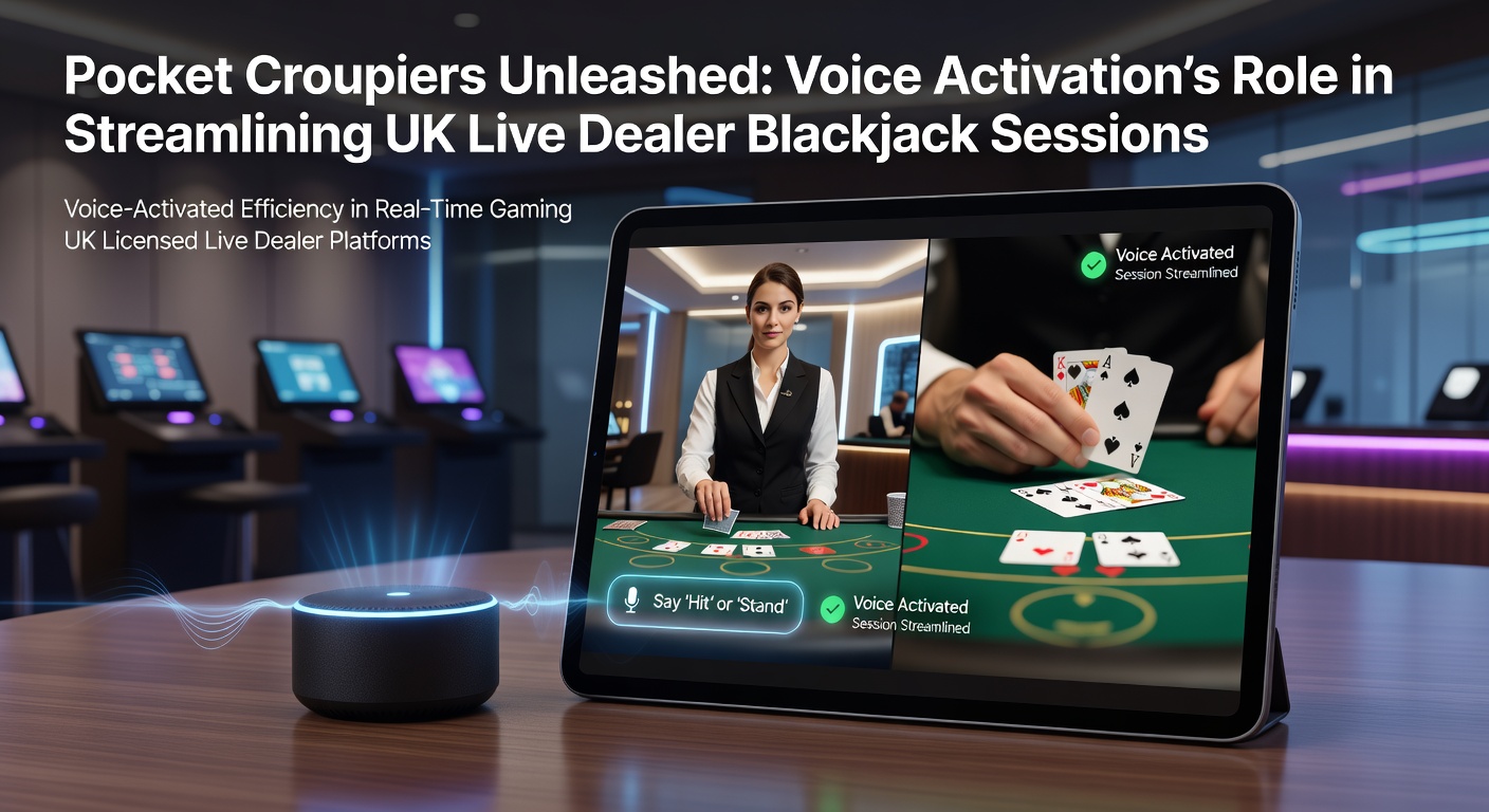 A sleek mobile phone screen displaying a live dealer blackjack table with voice command icons glowing, representing hands-free gaming innovation