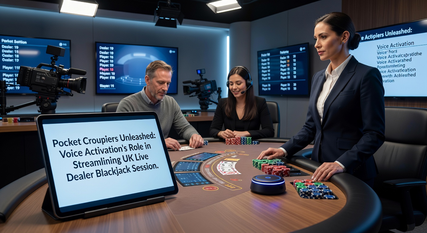 Close-up of a diverse group of UK players using voice commands on their phones at a virtual blackjack table, with speech bubbles showing commands like 'hit' and 'stand'