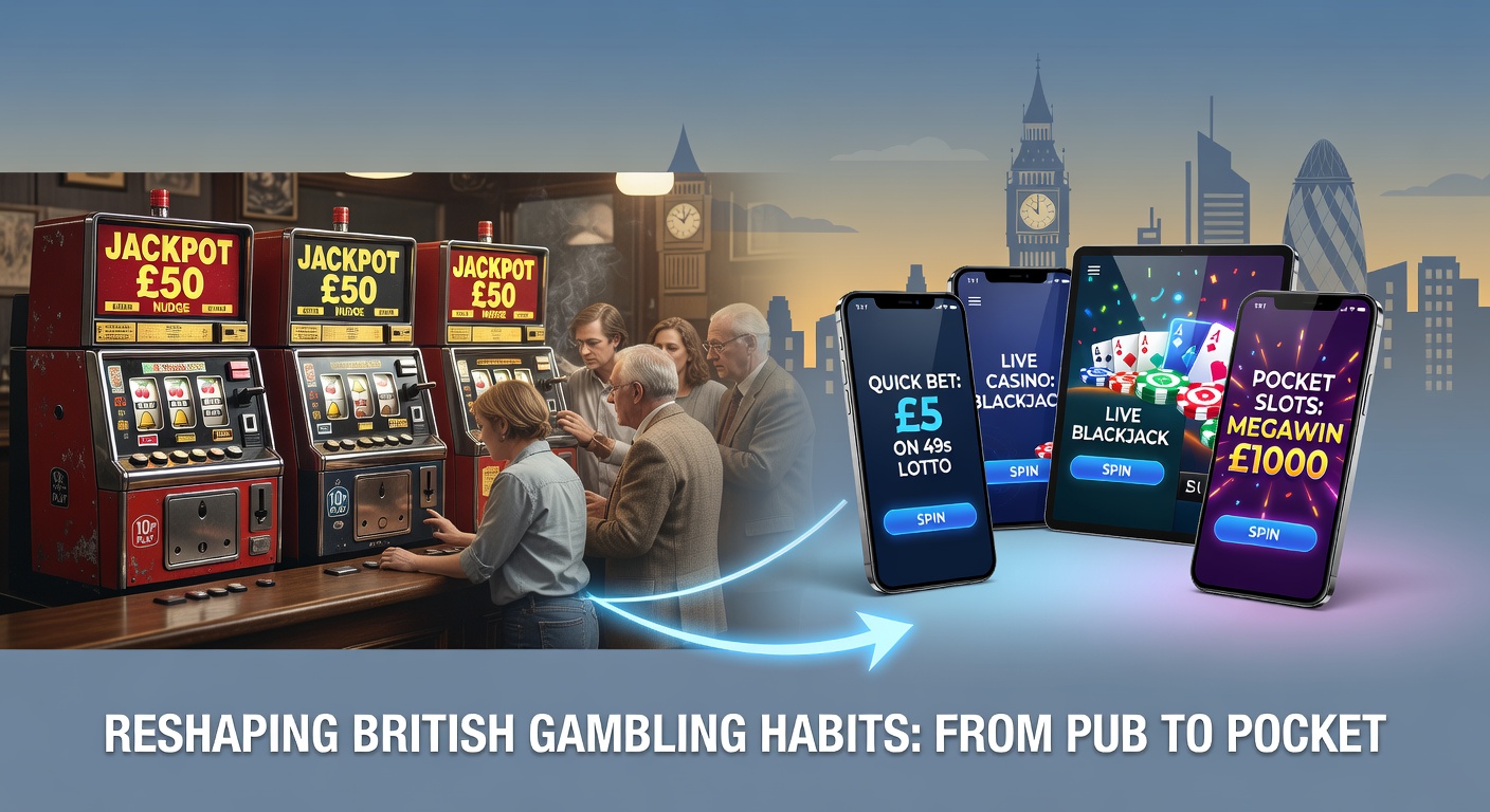 Historical photo of a traditional British pub fruit machine next to modern smartphone gambling interfaces showing the shift in access points