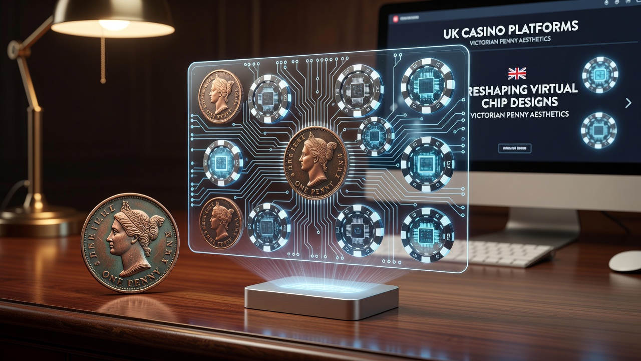 Victorian penny-inspired virtual chips displayed on a UK casino interface with intricate engravings and copper tones